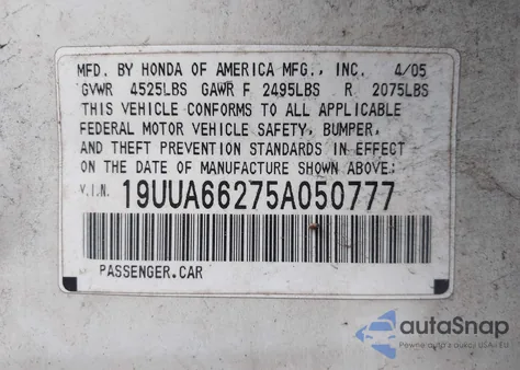 2005 Acura Tl z USA, uszkodzony, nr VIN 19UUA66275A050777